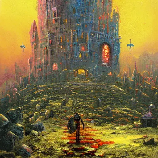 Prompt: a large walking castle by paul lehr