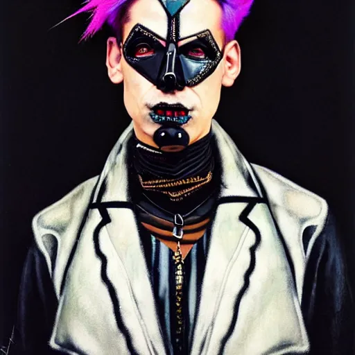 Image similar to an award finning and amazing portrait by akseli kallen gallela and john howe of a male cyberpunk punk rocker clothed in excessively fashionable 8 0 s haute couture fashion and wearing geometric face paint