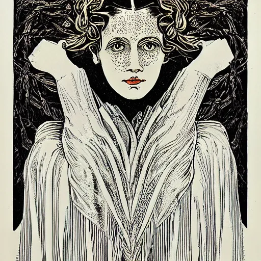 Prompt: portrait of a beautiful young lady with silver eyes, woodcut, poster art, by Mackintosh, art noveau, by ernst haeckel