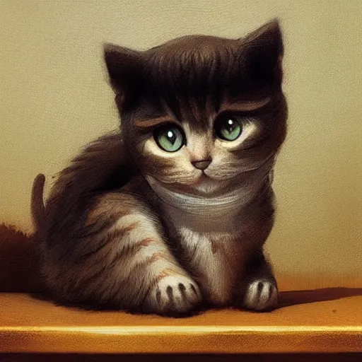 Prompt: A little kitty sitting on a table, Graceful body structure,Symmetrical face,highly detailed,elegant,Marc Simonetti and Caspar David Friedrich, Trending on artstation