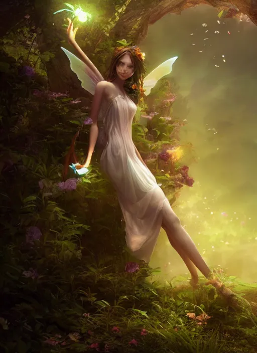 Image similar to beautiful beautiful full body portrait fairy faerie fey fae queen soft highly detailed CGsociety subtle enchanting alluring magical concept art volumetric lighting unreal engine octane render 4k