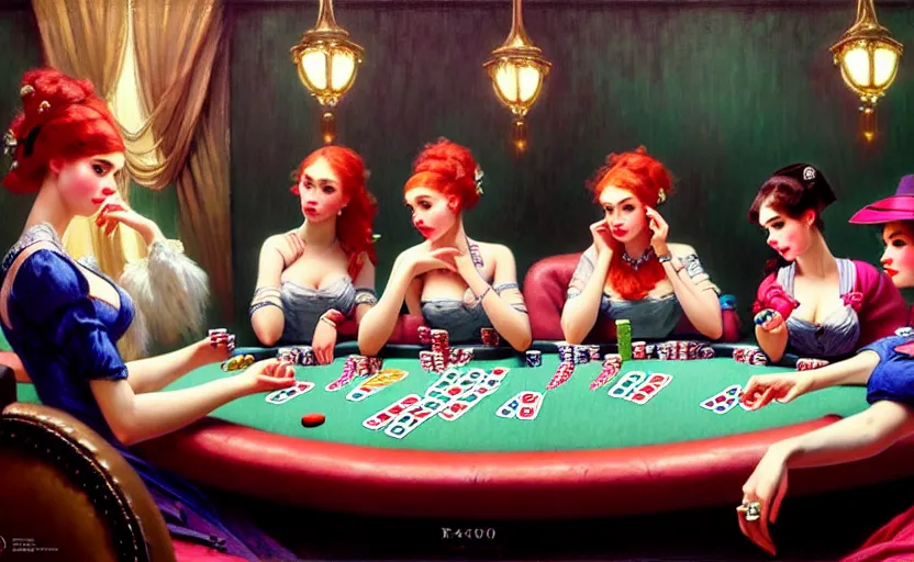 Image similar to portrait of several girls playing poker at a casino, highkey, realistic, serov, surikov, vasnetsov, repin, kramskoi, ultra realistic, depth of field insanely detailed, charlie bowater, tom bagshaw, norman rockwell, octane rendered, unreal engine, trending on artstation, 4 k