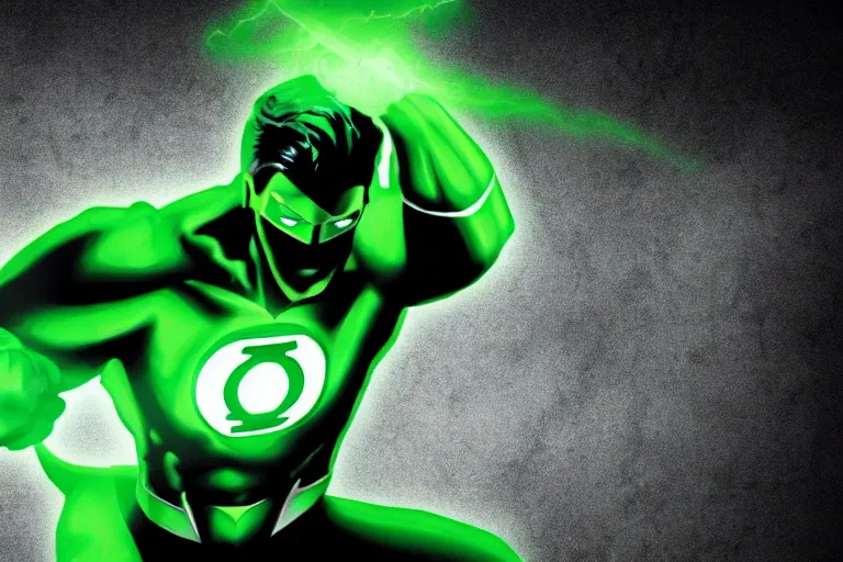 Image similar to green lantern creating a giant hammer, comicbook style, epic background, dof