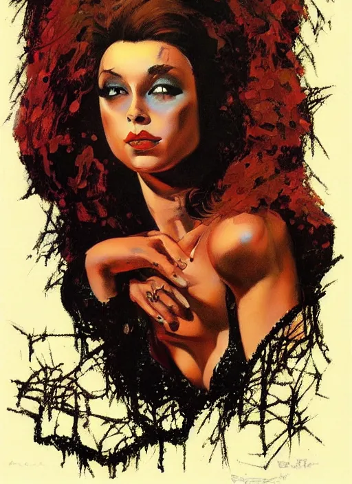 Prompt: seventies slim young horror actress, sequin top, dark forest, strong line, deep color, beautiful! coherent! by brom, by frank frazetta,