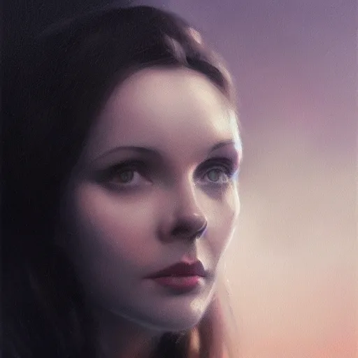 Image similar to closeup portrait of a young vivian leigh, depressed, chiaroscuro, city background, night, moon, dramatic lighting, complementary contrast, high detail, painted by greg rutkowski, painted by igor kieryluk, trending on artstation