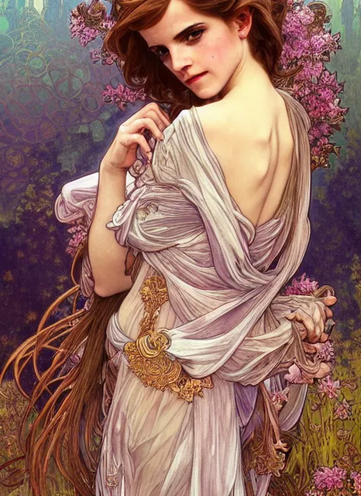 Image similar to Emma Watson as God of Beauty, cute, fantasy, intricate, elegant, highly detailed, digital painting, 4k, HDR, concept art, smooth, sharp focus, illustration, art by alphonse mucha,artgerm, H R Giger