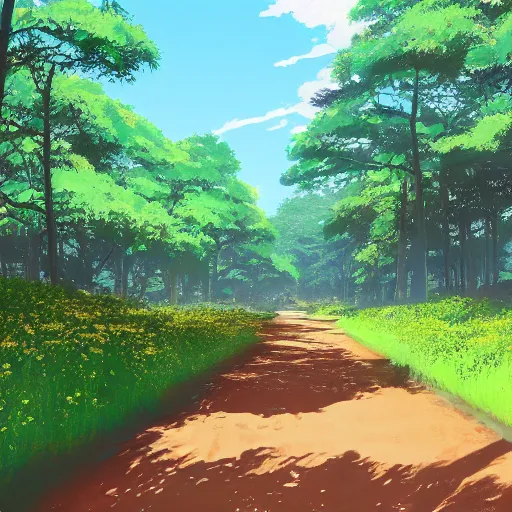 Prompt: deep muddy forest on a sunny day walkway panorama, blooming, animation background painting gouache by makoto shinkai pixar disney kyoto animation