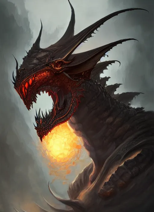 Image similar to portrait of an angry faitytale dragon the armor, beautiful face, hyper realistic, highly detailed, digital painting, artstation, illustration, concept art by hyung tae and frank frazetta, digital paint, matte paint, washed colors, eating cakes, dark, gloomy, foggy