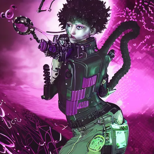 Prompt: highly detailed portrait of a punk young lady with a wild purple curly hair and small cybernetic face modifications, by Akihiko Yoshida, Greg Tocchini, Greg Rutkowski, Cliff Chiang, 4k resolution, persona 5 inspired, vibrant green, brown, purple and black color scheme!!! ((Sewer rave club dancing background))