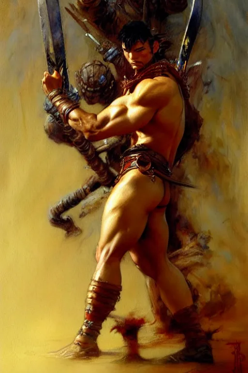 Image similar to warrior, attractive male, character design, painting by gaston bussiere, katsuya terada, frank frazetta, tom of finland, trending on artstation