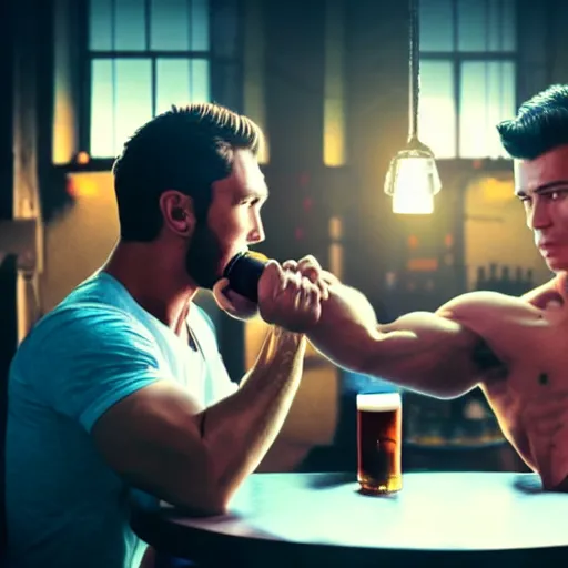 Prompt: cinematic scene with attractive muscular male and another attractive muscular male, drinking their hearts out, in the pub, high definition, very detailed, volumetric lighting, still frame