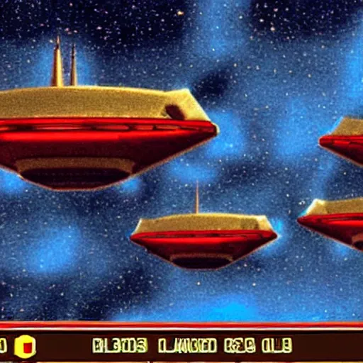 Prompt: screenshot from 1 9 9 0 s point and click star trek game showing a group of characters in red, blue, gold star trek uniforms on an alien planet