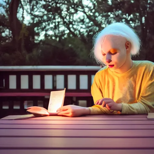 Image similar to cinematic photo of a beautiful albino axolotl woman lit with saturated split colour yellow and dusty pink lighting reading a roberto bolano novel on the deck