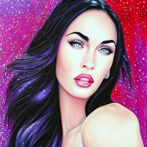 Image similar to “Megan Fox glitter paints paintings, glitter background, ultra detailed portrait, 4k resolution”