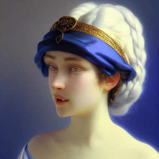 Image similar to a young woman's face, her hair is white and she wears a cobalt blue satin cloak, by ivan aivazovsky and syd mead and moebius and gaston bussiere and roger dean and pieter claesz and paul delaroche and alma tadema and aelbert cuyp, hyperrealistic, volumetric light, octane render