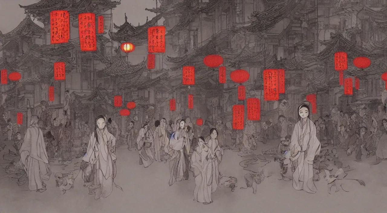 Image similar to on the night of the chinese new year's day, many chinese ghosts wander in the ancient chinese streets. the guiding line composition method, the tindal effect, the soft light, the cool color, by wu jinyuan, trending on artstation