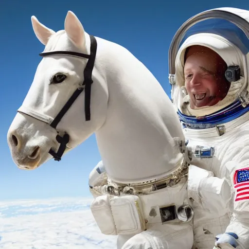 Prompt: the horse sat on top of the astronaut's back, and yells