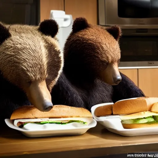 Prompt: two bears making sandwiches in the kitchen, miracle, photorealistic, very detailed, award winning photo, masterpiece