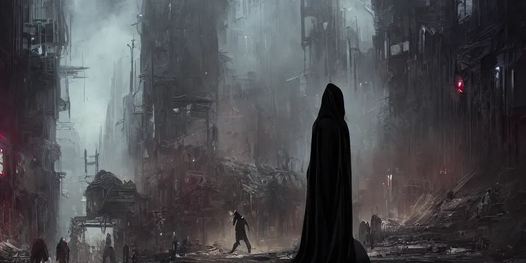 Prompt: a painting of a cinematic keyframe of star wars a dark sith black hooded from behind in a dark dystopian cyperpunk city slums, heavy atmosphere and smoke by greg rutkowski, rule of thirds, golden ratio, ambient lighting, wlop, artgerm, artstation, highly detailed masterpiece, dark fantasy art, high detail, trending on artstation