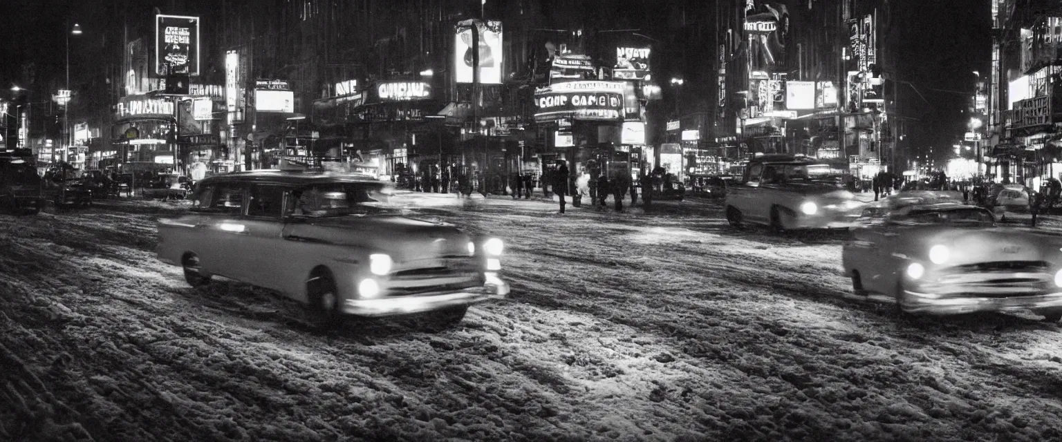 Image similar to detailed sharp photograph in the style of popular science circa 1 9 5 5 and gregory crewdson of a taxi driver in a checker cab in the snow on broadway at night 1 5 0 mm lens close up