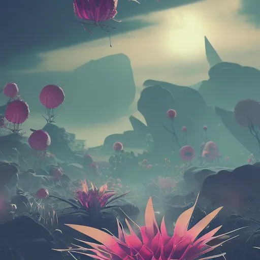 Image similar to an epic flowering alien landscape in the style of origami, 8 k, cinematic light, artstation