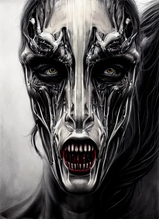 Image similar to a dream portrait of a man - horse aberration, black & white, melting, webbing, 8 k, by tristan eaton, stanley artgerm, tom bagshaw, greg rutkowski, carne griffiths, ayami kojima, beksinski, giger, trending on deviantart, face enhance, hyper detailed, minimalist, horror, alien