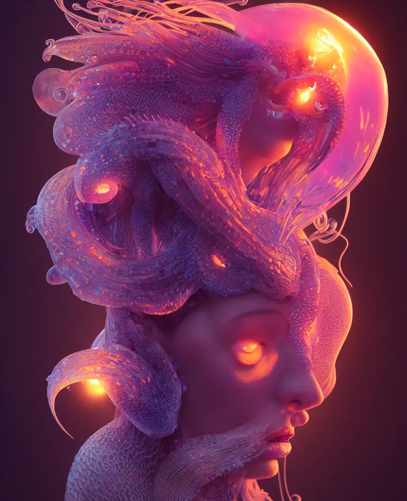 Image similar to goddess close-up portrait. orchid jellyfish phoenix head, nautilus, skull, betta fish, bioluminiscent creatures, intricate artwork by Tooth Wu and wlop and beeple. octane render, trending on artstation, greg rutkowski very coherent symmetrical artwork. cinematic, hyper realism, high detail, octane render, 8k