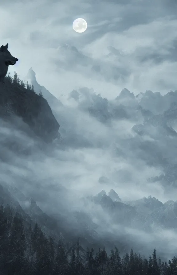 Image similar to a photograph of a wolf at full moon in a mountainous environment, full moon with fog and clouds, concept art, epic lighting, cinematographic