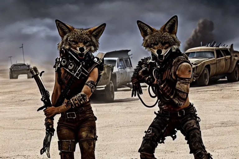 Image similar to a good ol'coyote fursona ( from the furry fandom ), heavily armed and armored facing down armageddon in a dark and gritty version from the makers of mad max : fury road. witness me.