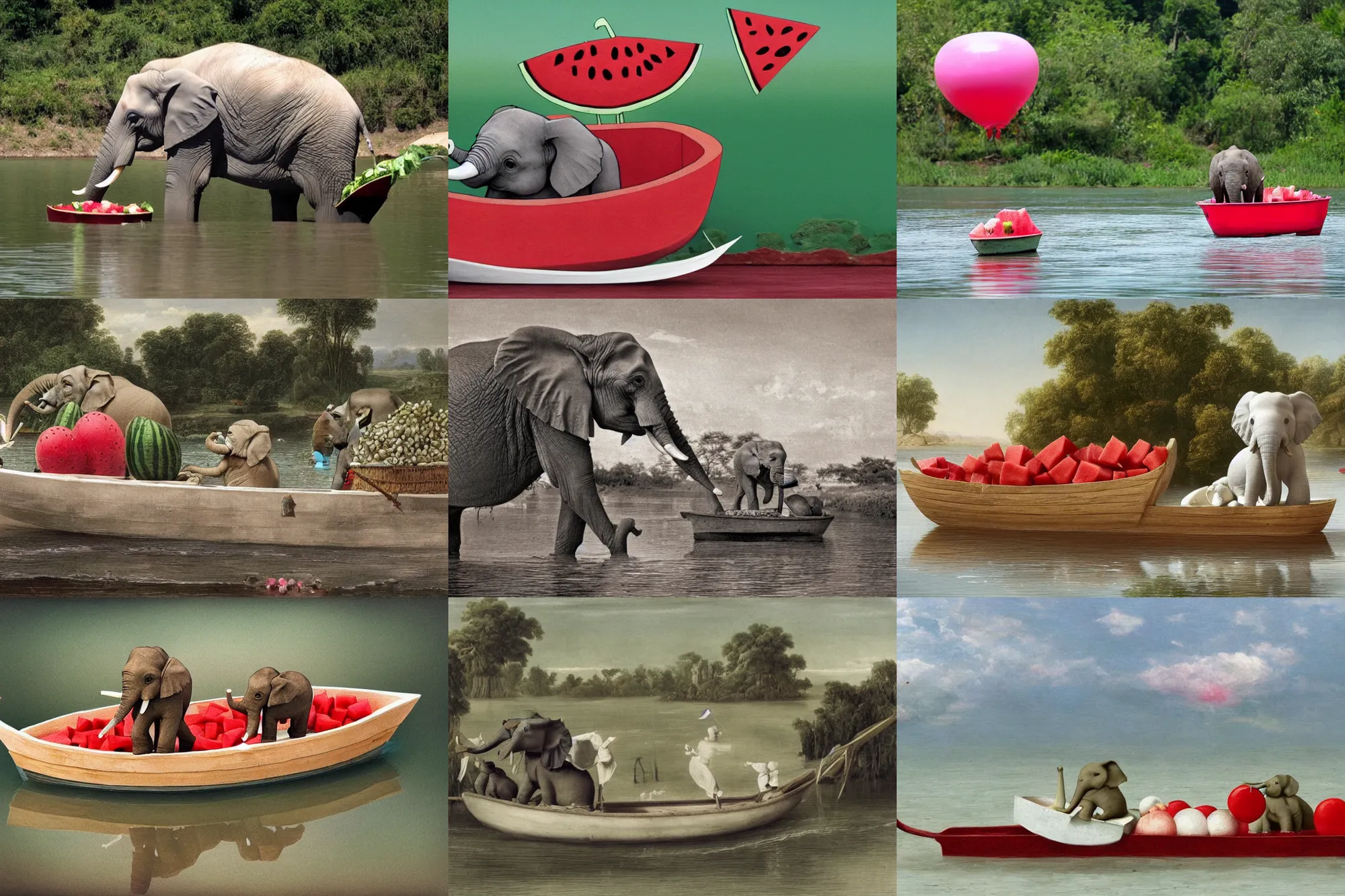 Prompt: a small elephant sits in a boat made of watermelon and floats on a river of white white white white white milk