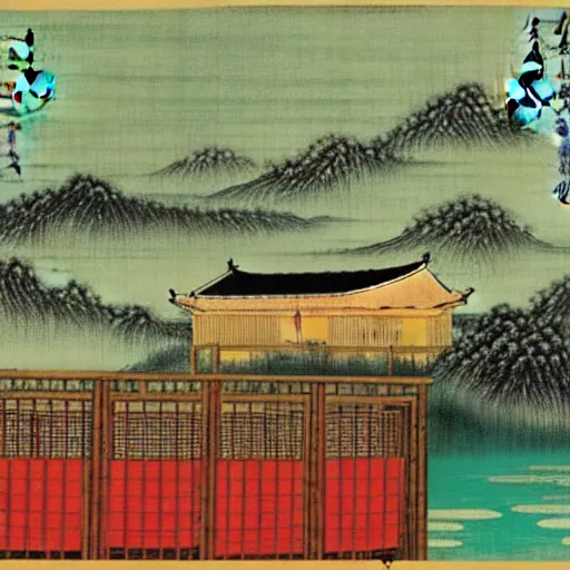 Image similar to a chinese prison near a river by peter doig and ukiyo - e, muted colors