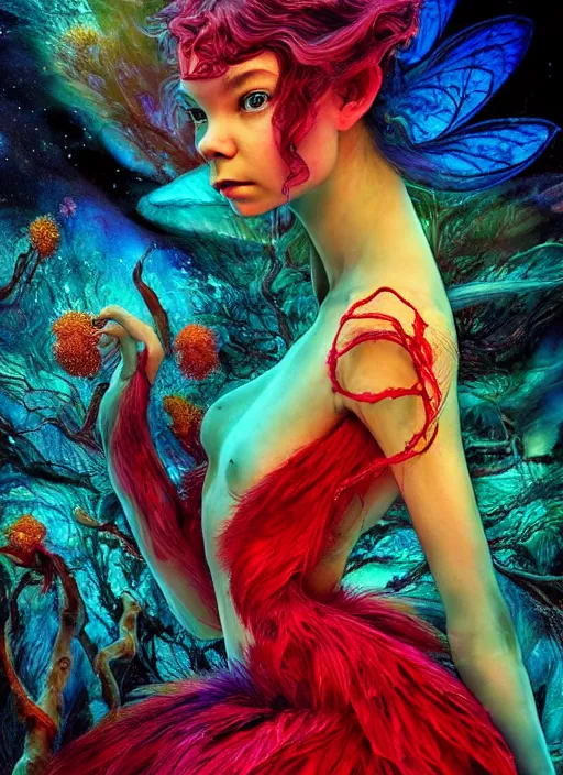 Image similar to hyper detailed 3d render like a Oil painting - very coherent Aurora profile (a beautiful fae princess protective playful expressive acrobatic from dark crystal that looks like Anya Taylor-Joy) seen red carpet photoshoot in UVIVF posing in scaly dress to Eat of the Strangling network of yellowcake aerochrome and milky Fruit and His delicate Hands hold of gossamer polyp blossoms bring iridescent fungal flowers whose spores black the foolish stars by Jacek Yerka, Ilya Kuvshinov, Mariusz Lewandowski, Houdini algorithmic generative render, golen ratio, Abstract brush strokes, Masterpiece, Victor Nizovtsev and James Gilleard, Zdzislaw Beksinski, Mark Ryden, Wolfgang Lettl, hints of Yayoi Kasuma and Dr. Seuss, Grant Wood, octane render, 8k