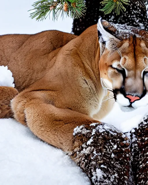 Image similar to magazine page showing 'a cougar sleeping in the middle of snowy pine tree' laying on coffee table, zoomed out shot, HD, iphone screenshot