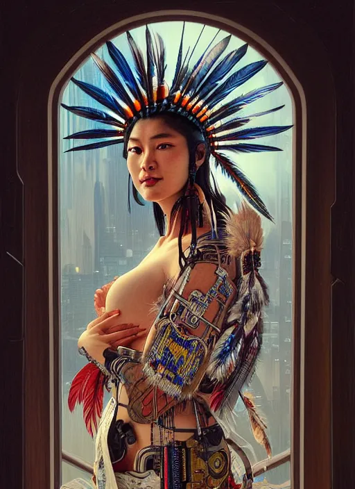 Image similar to seen through a window!! portrait of a cyberpunk machine, machine face, upper half portrait, decorated with feathers, native american, fine china, traditional chinese art, intricate, elegant, highly detailed, headpiece, digital painting, artstation, concept art, smooth, sharp focus, illustration, art by artgerm and greg rutkowski and alphonse mucha, 8 k