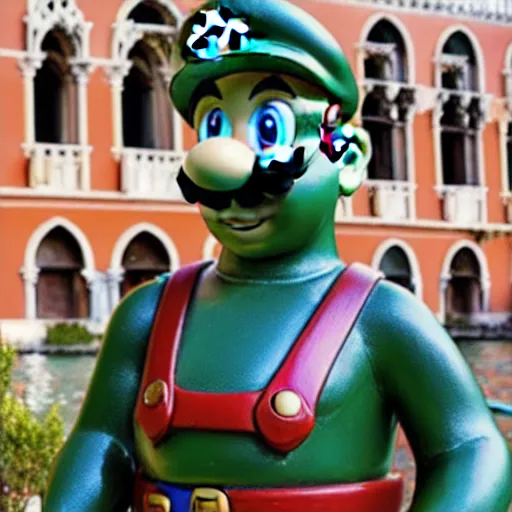 Image similar to beautiful photograph of super mario bronze statue, situated in venice