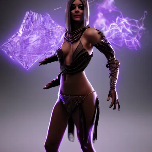 Image similar to beautiful dark sorceress female, 3d render, cinematic shot, hyper realistic
