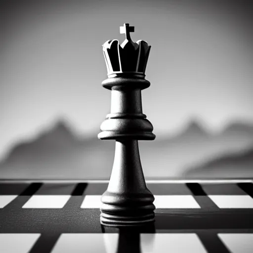 Image similar to knight chess piece playing piano, chessboard background, mountains further away