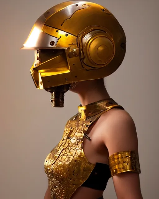 Prompt: centered medium shot fine studio photograph of a beautiful persian girl wearing only a mecha electronic persian helmet with bright lights, ultra-realistic, white background, 8k HDR sunset lit, intricate