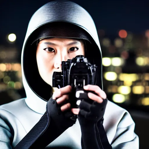 Prompt: photographic portrait of a techwear woman presenting a bullet, closeup, on the rooftop of a futuristic city at night, sigma 85mm f/1.4, 4k, depth of field, high resolution, full color, award winning photography