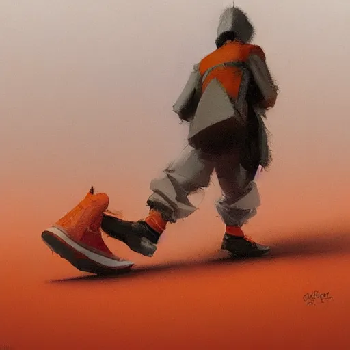 Prompt: water resistant orange sneakers, by Craig mullins, Steve Purcell, Ralph McQuarrie. Design. Fashion. Trending on artstation. Centered image, no background