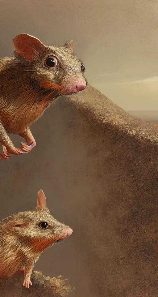 Prompt: close - up selfie shot of dwarf fat - tailed jerboa with rusty broken building constructions of a giant staircase for multiple cases, leading to the sky, the ruins, in the steppe, autumn field, misty background, from the game pathologic 2, highly detailed, sharp focus, matte painting, by isaac levitan and asher brown durand,