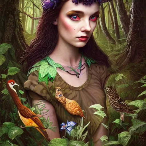 Image similar to lofi druid portrait in a forest surrounded by animals, Pixar style, by Tristan Eaton Stanley Artgerm and Tom Bagshaw.