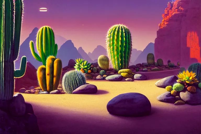 Prompt: a solarpunk zen garden with cacti by simon stalenhag and hubert robert and zacharias aagaard and gillis rombouts and samuel beal, hyperrealism, purple sand, orange rocks, chiaroscuro!!, tonalism!, high saturation, high contrast, vibrant, highly detailed, volumetric light