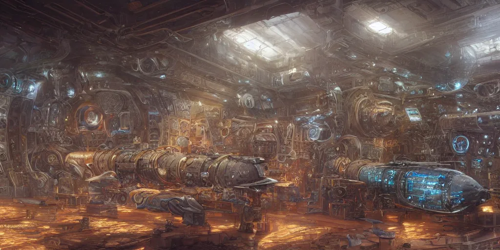 Prompt: by John Howe and Moebius and Bastien Lecouffe Deharme and Andreas Rocha A beautiful hyper realistic detailed matte painting of room of a a very shiny detailed submarine control panel made of iridescent motherboards, in the middle of an empty room, trending on artstation ,trending on behance, trending on discord, trending on disco diffusion, unreal engine