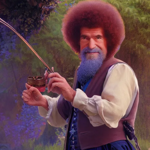 Image similar to an ultra detailed tarot card of bob ross smoking a pipe and dressed as a fantasy bard, d & d, epic fantasy, concept art by alphonse mucha and greg rutkowski, octane render, 8 k, detailed face