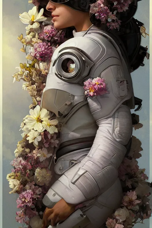 Image similar to ultra realistic illustration, astronaut with flowers blossoming from helmet, elegant, highly detailed, digital painting, concept art, smooth, sharp focus, illustration, art by artgerm and greg rutkowski and alphonse mucha