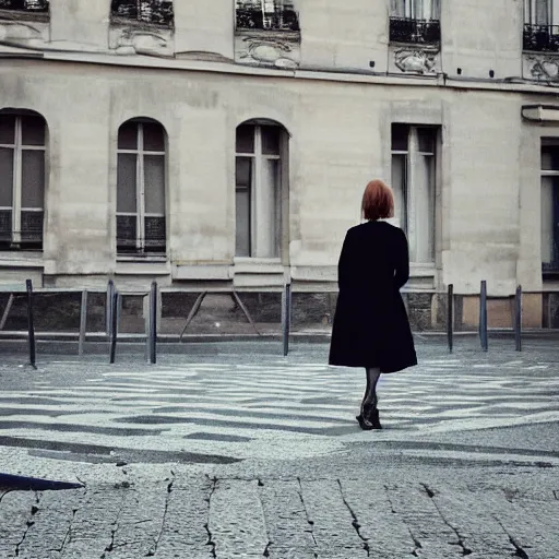 Image similar to giant flower head, woman walking in paris, surreal photography, symmetry, flat space, fanciful, stark colours, detailed, wes anderson