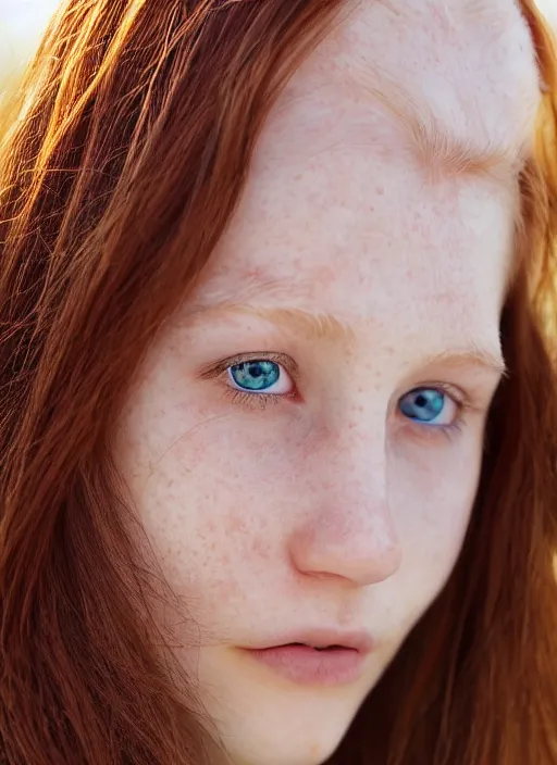 Image similar to close up portrait photograph of a thin young redhead woman with russian descent, sunbathed skin, with deep blue symmetrical!! eyes with round!! Black!! Pupils, and Wavy long maroon colored hair who looks directly at the camera, with a Slightly open mouth, face takes up half of the photo. a park visible in the background. 55mm nikon. Intricate. Very detailed 8k texture. Sharp. Cinematic post-processing. Award winning portrait photography. Sharp eyes.