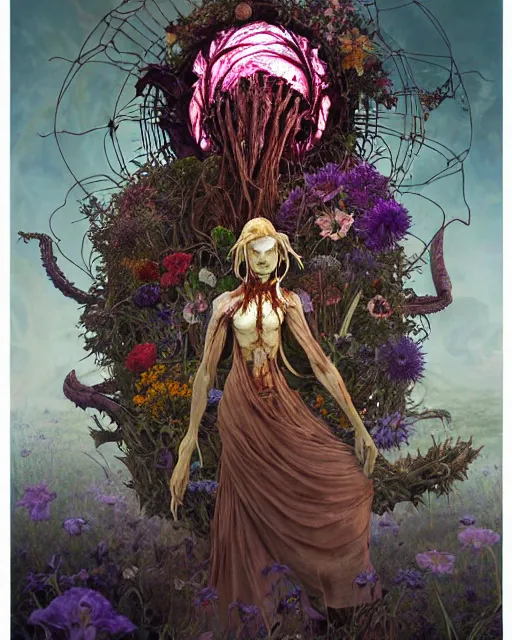 Image similar to the platonic ideal of flowers, rotting, insects and praying of cletus kasady carnage davinci dementor chtulu mandala howl's moving castle dinotopia bioshock the witcher, fantasy, ego death, decay, dmt, psilocybin, concept art by randy vargas and greg rutkowski and ruan jia and alphonse mucha