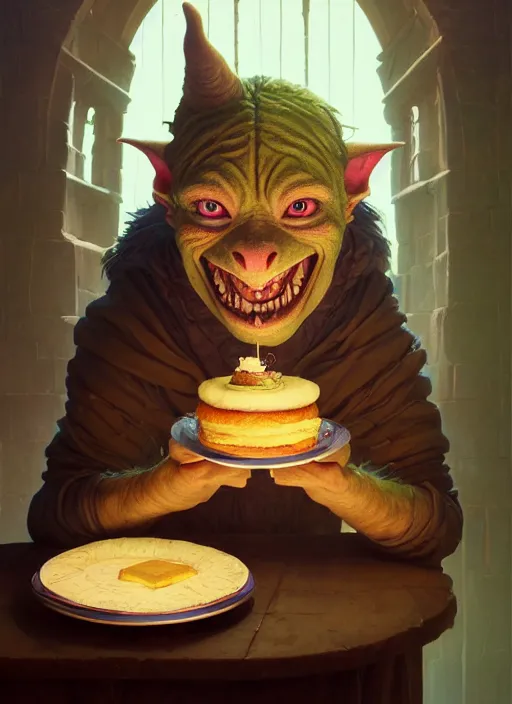 Image similar to highly detailed portrait of a medieval goblin eating cakes, stephen bliss, unreal engine, greg rutkowski, loish, rhads, beeple, makoto shinkai and lois van baarle, ilya kuvshinov, rossdraws, tom bagshaw, tom whalen, alphonse mucha, global illumination, god rays, detailed and intricate environment